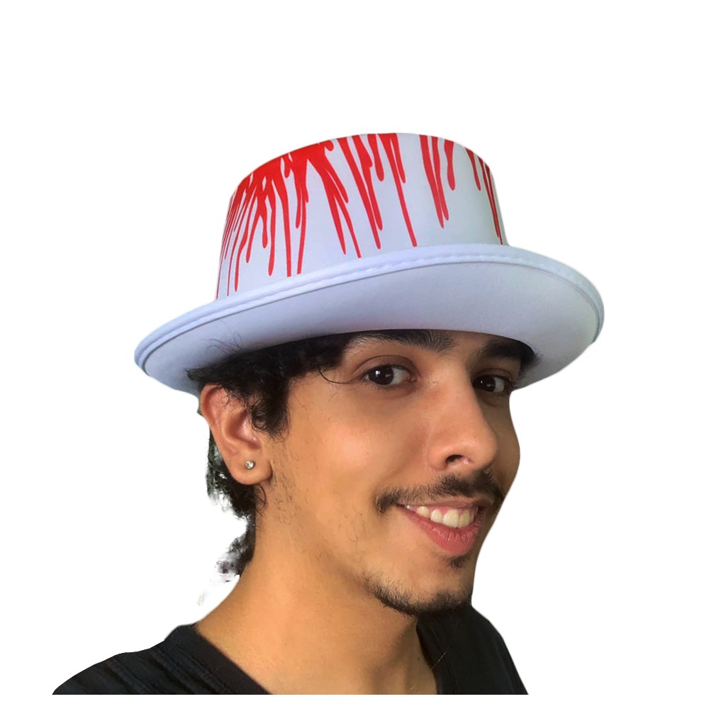Cartola Branca de Halloween Com Sangue Adulta Baixa