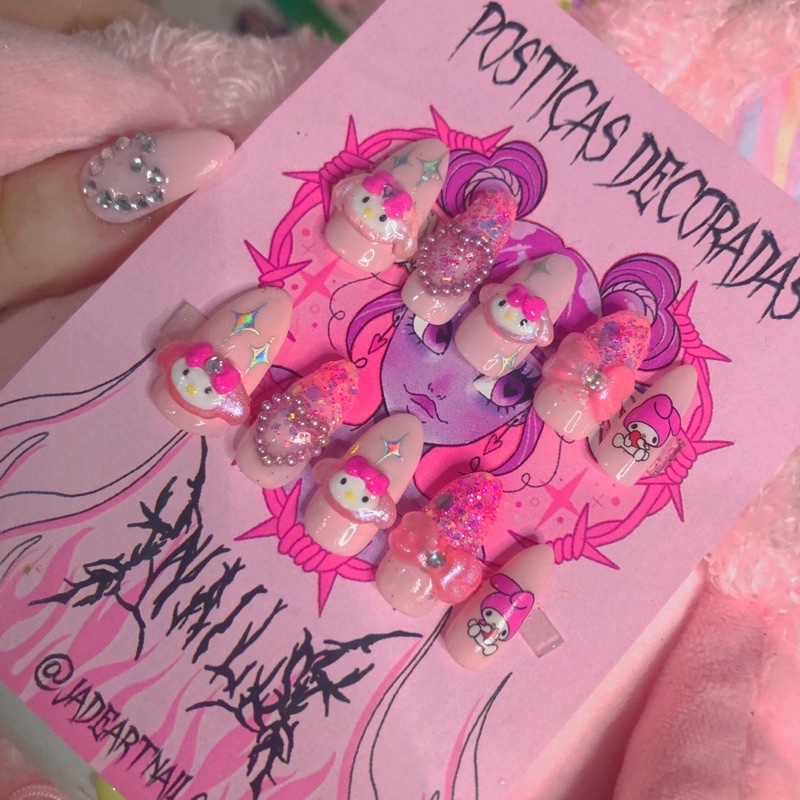 unhas postiças decoradas / press on nails / fale nails / my melody sanrio