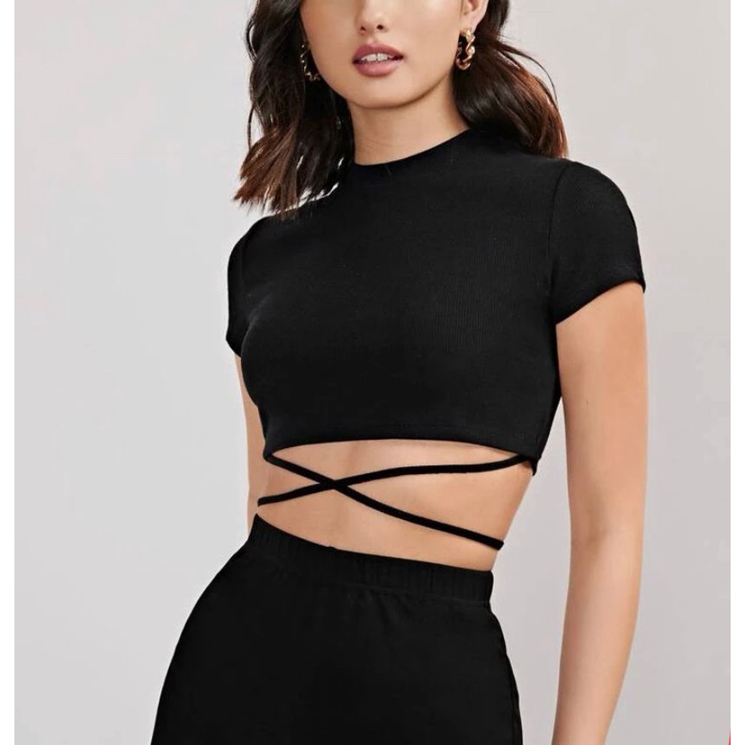 Blusa Cropped feminino manga curta trançado canelado moderna confortável