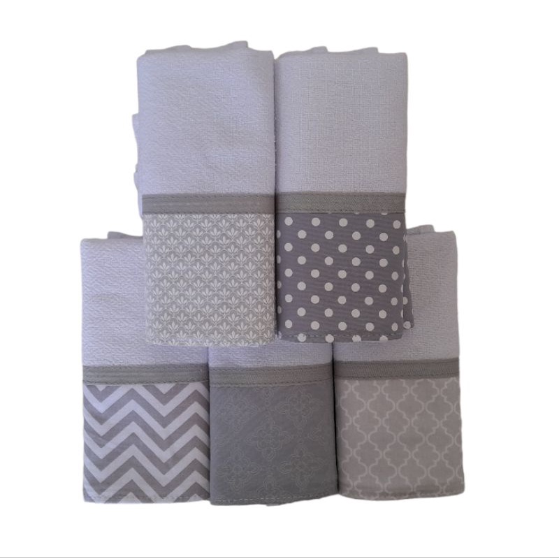kit 10 panos de prato composê cinza com branco.