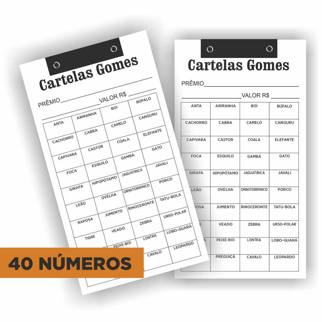 30 Cartelas de rifas com 40 NUMEROS (Homem, Mulher, Times de futebol, Numeral e Animais)