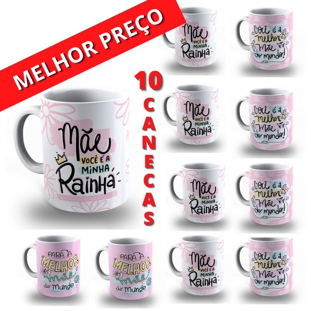 Canecas Dia das Mães Atacado de Porcelana Kit 10 unidades Ideal para Cesta Presentes Lembrancinha em Oferta na Shopee