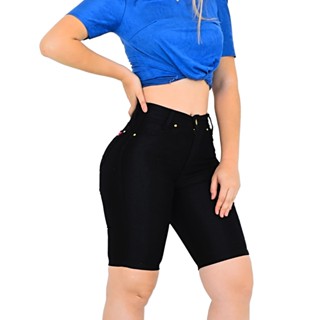 Bermudas Jeans Femenina Preta Cintura Alta Com Elastano