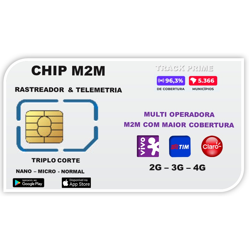 Chip M2M para rastreador/bloqueador veicular multi operadora (Vivo, Tim e Claro) com plataforma