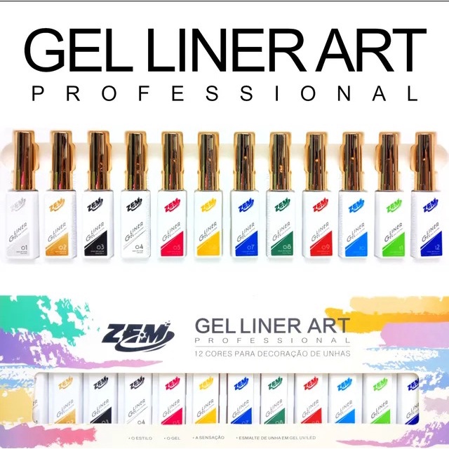 Esmalte em Gel Zem Liner Art 12 Cores Pincel Filete Seca Cabine Led/UV Pincel Ponta Fina