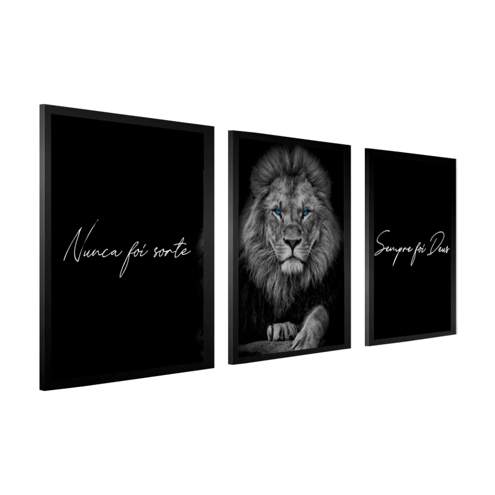 Quadro Decorativo Kit 3 Peças Sala Leão de Judá Moldura