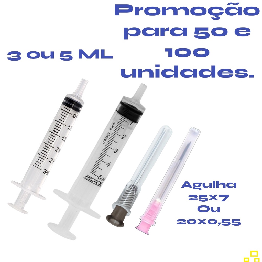 50/100 Unidades de Seringa de 3ml ou 5ml com Ag. 25x7(Cinza/Preta) ou 20x55 (Lilás / Roxa)