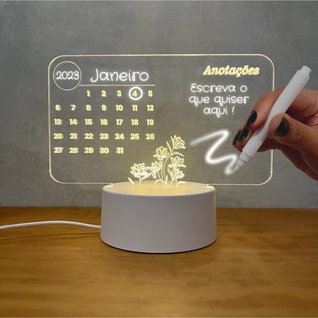 luminária 3D calendário de escrever, tipo lousa, acrílico +