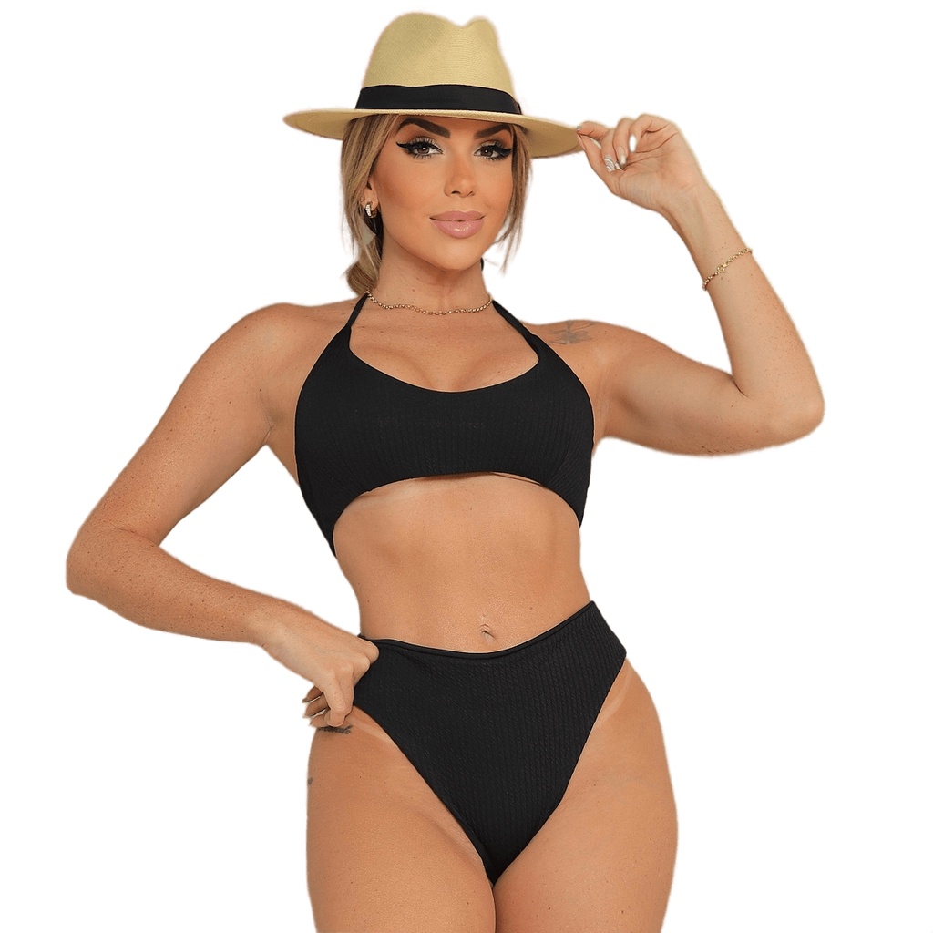 Conjunto Biquini Malha Canelada Texturizada Top Cropped Faixa Calcinha Hot Pant Cintura Alta Suquini