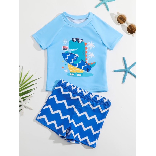 Conjunto de banho infantil menino praia piscina natação dinossauro dino sunga e camisa verão