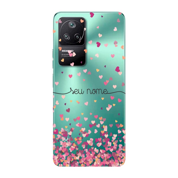 Capinha para Xiaomi Poco F4 Anti Impacto Personalizada - Chuva de corações rosa com nome