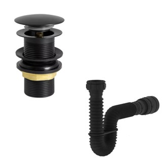 Sifão sanfonado Flexivel e Válvula click Up Preto de Metal ralo pia de banheiro lavatório