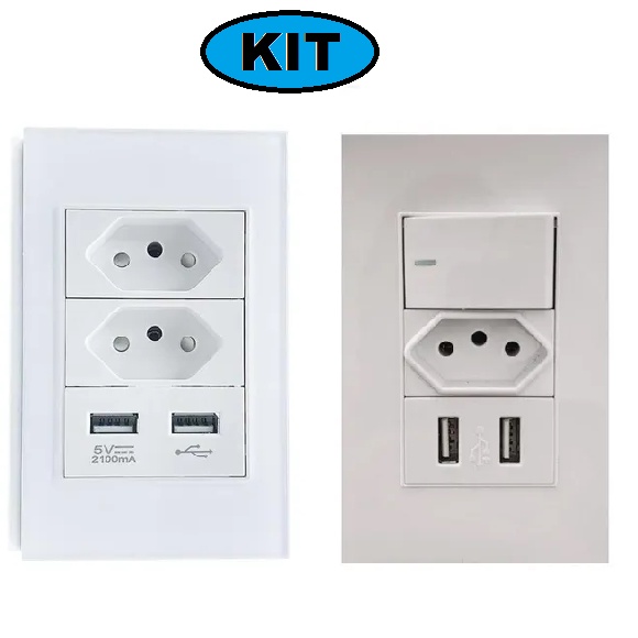 Kit Tomada E Interruptor Com 2 Portas Usb + Tomada Duo E 2 Usb