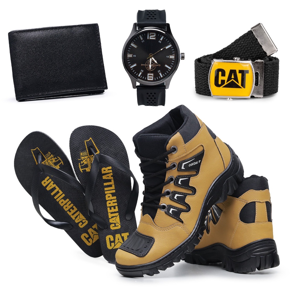 Kit Coturno Masculino Caterpillar Conforto Extreme mais Carteira Mais Relógio e Chinelo