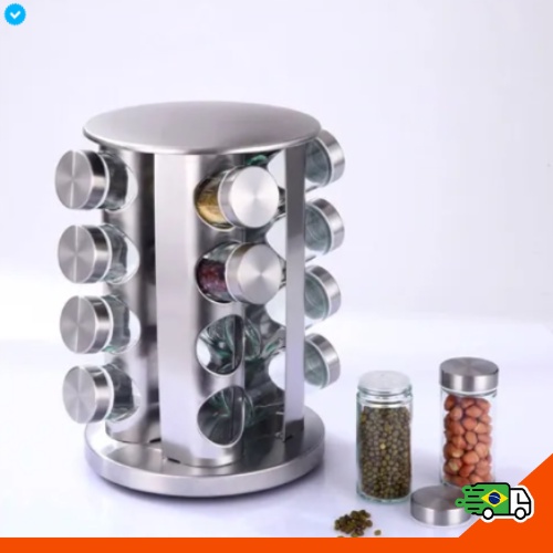 Porta Tempero e Condimento Suporte Giratório Redondo Inox 16 Potes de Vidro