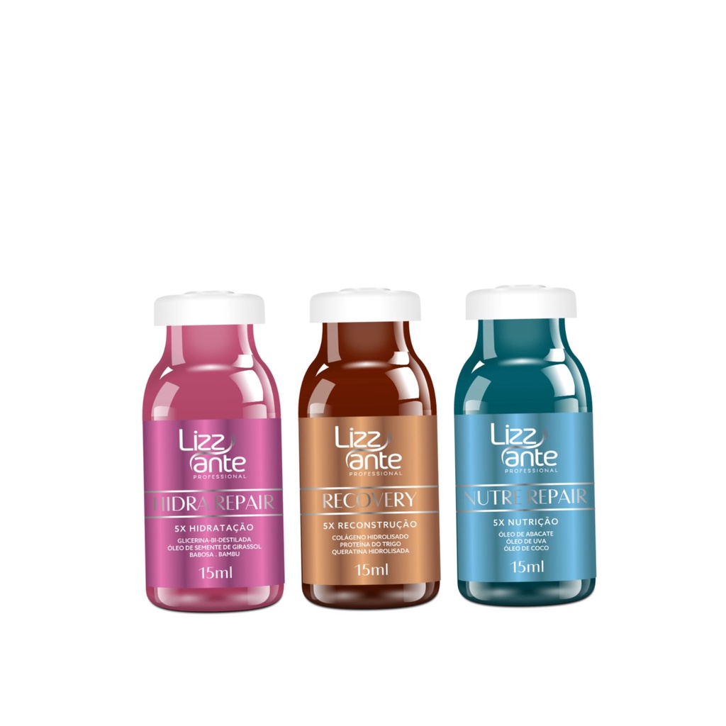 Cronograma Capilar Lizz ante - Hidratação - Nutrição - Reconstrução - Tratamento Capilar Profissional Concentrado - Kit 3 Ampolas 15 ml cada