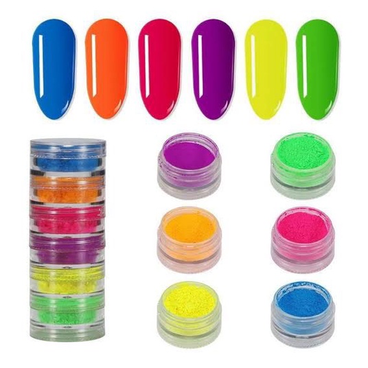 Kit Pó Neon Fluorescente Multifuncional Arte Unha Glitter