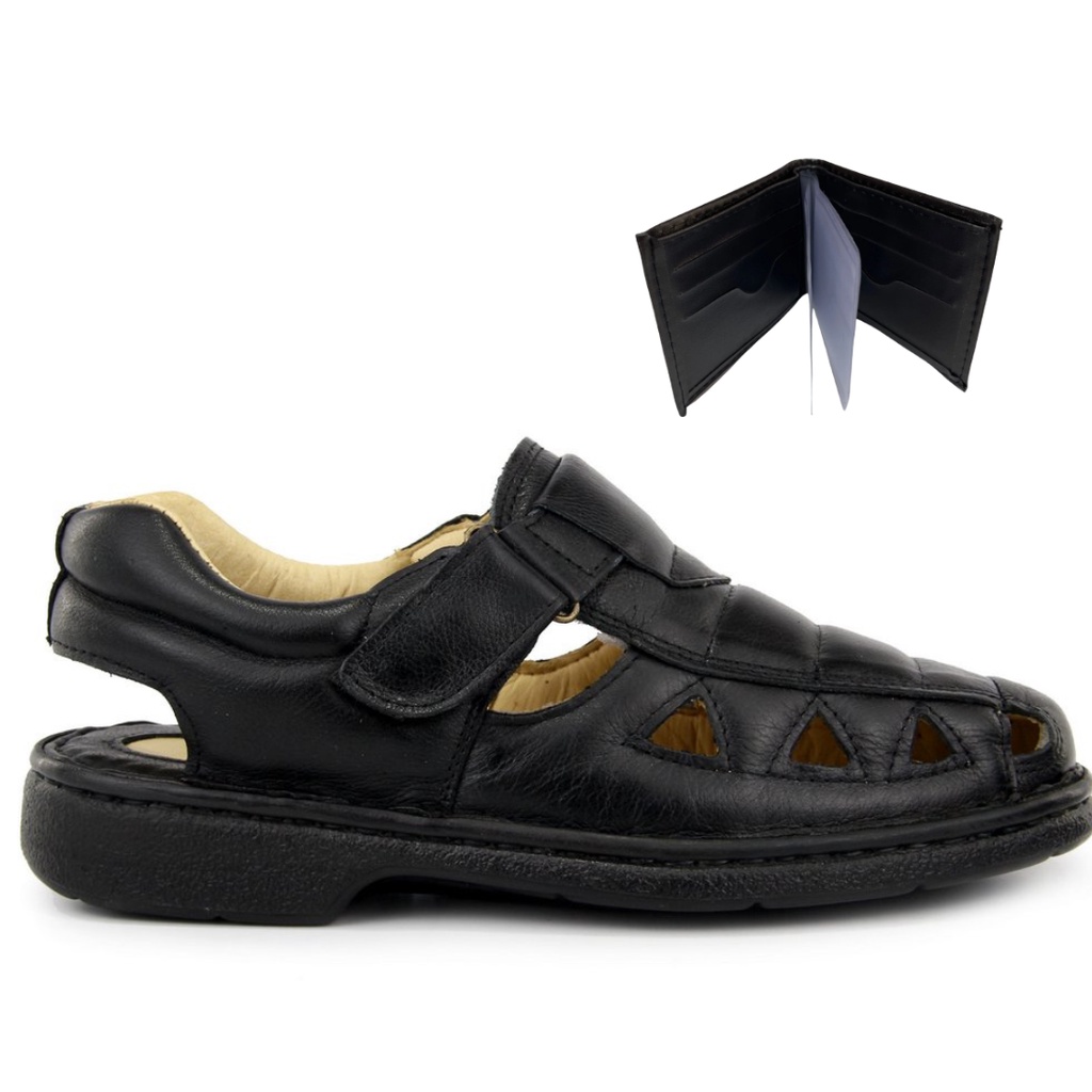 Sandália Chinela Masculina Conforto de Couro Casual Preta + Carteira Exclusivo