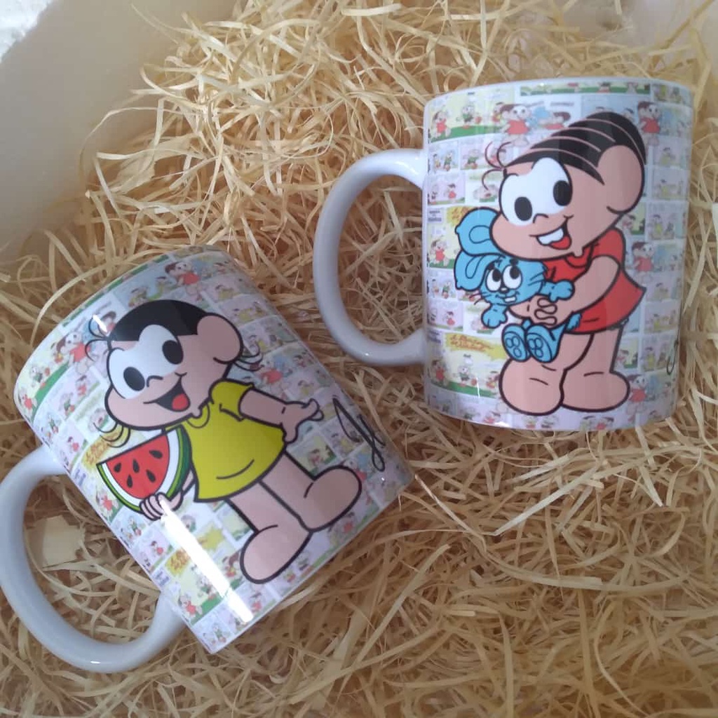 Caneca Personaliza Com Alça e Interior Colorido  Turma da Mônica Magali Cebolinha Cascão Mônica