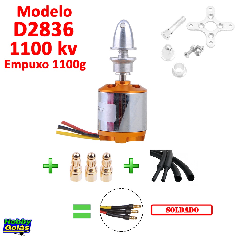 Motor D2836 A2217 1100KV Eixo 4mm Empuxo 1100g P/ Aeromodelo 110cm e 120cm Cessna 182