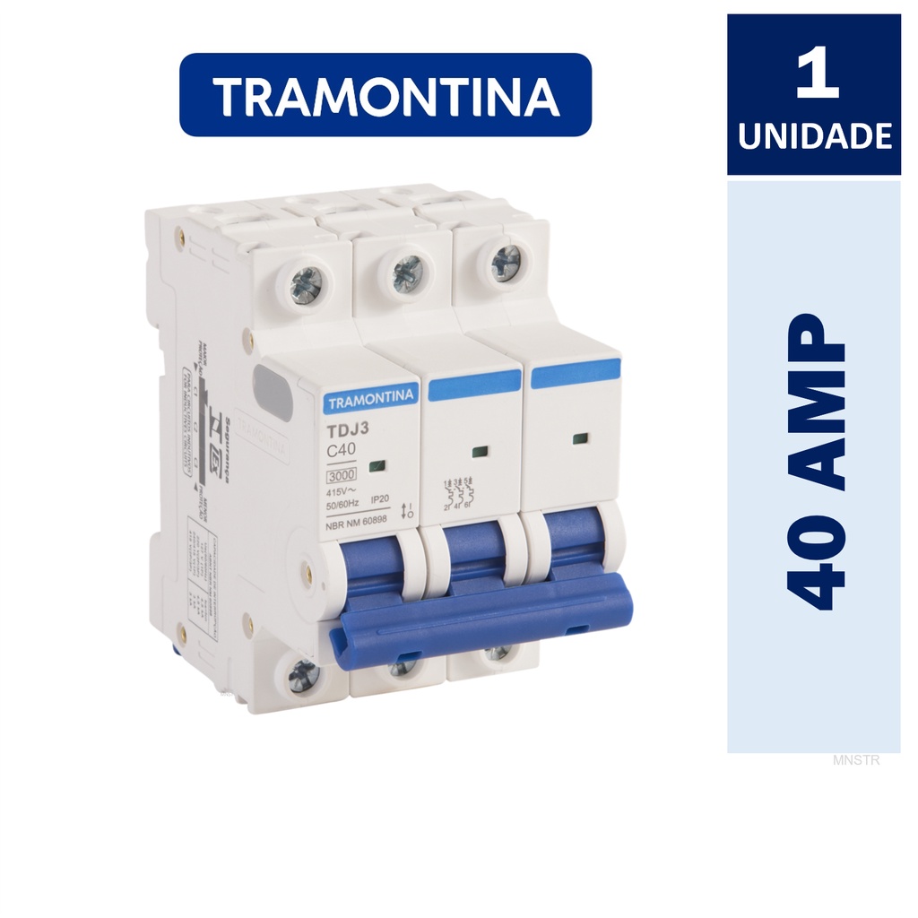 Disjuntor Tripolar 40A Curva C 3P 3kA DIN Tramontina ( Trifásico ) TDJ3-3C40