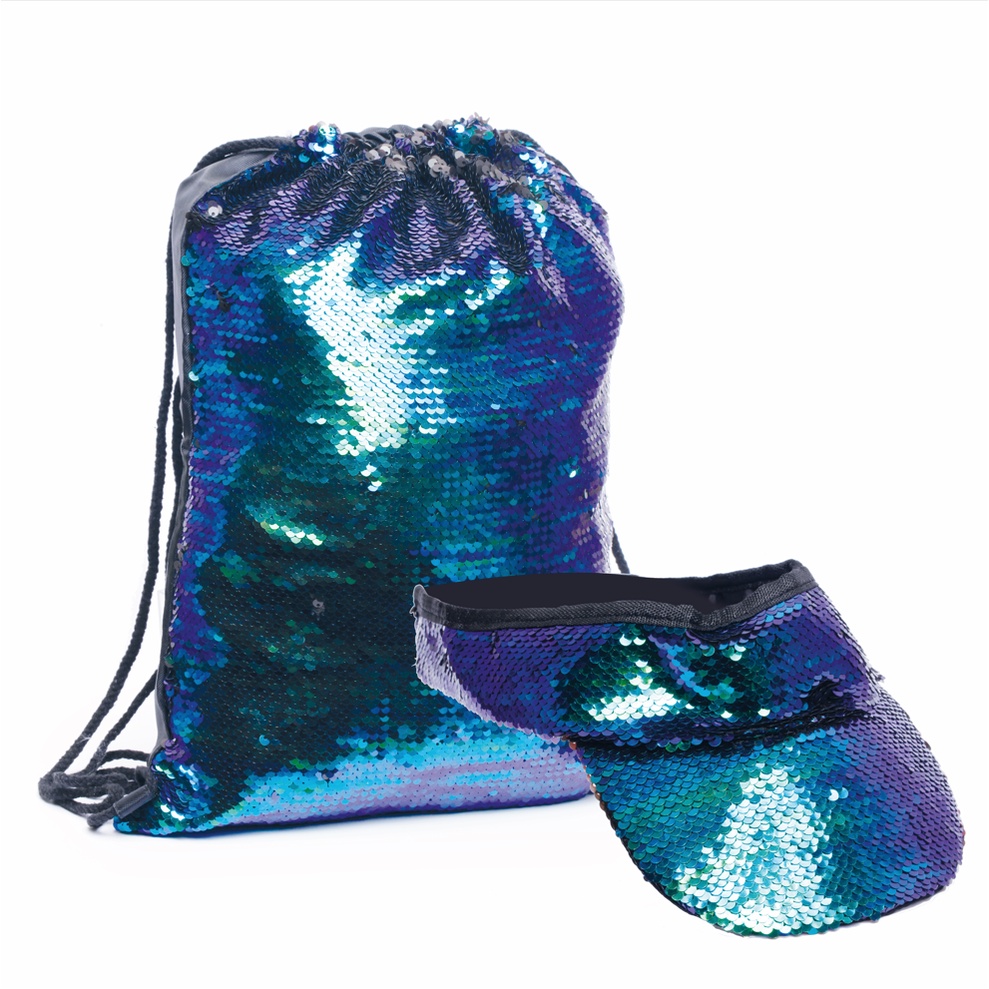 Kit Sacochila com Viseira de Paetê Duplo - Mochila Saco Brilhante Carnaval