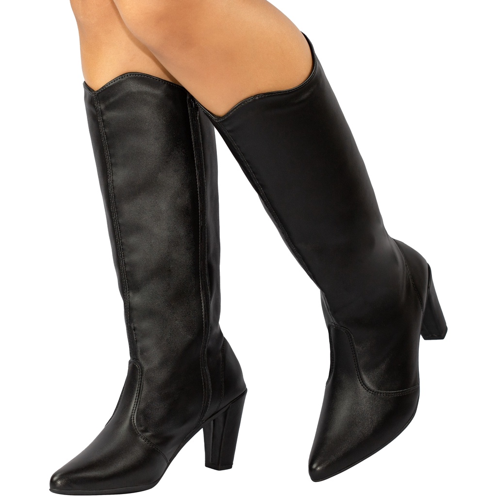 Bota Feminina Lumiss Cano Longo Salto Alto Fino Confortável Saltinho Bico Fino Montaria Blogueira Abaixo do Joelho em Oferta na Shopee