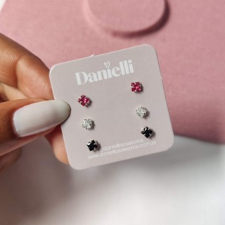 Trio de Brincos Prata 925 Zircônia Quadrada Rosa - Cristal - Preta