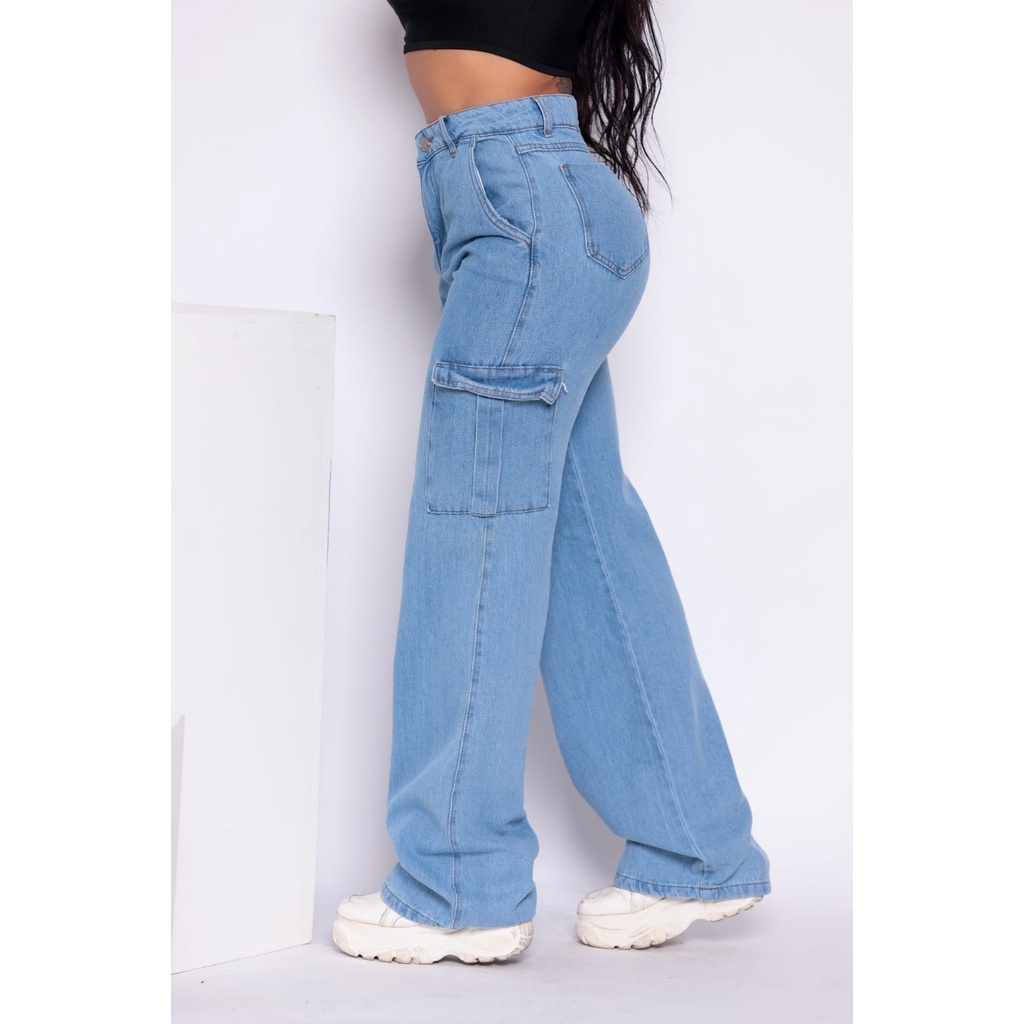 Calça Wide Leg Cargo Jeans Feminina Pantalona - 100% Algodão Qualidade Premium