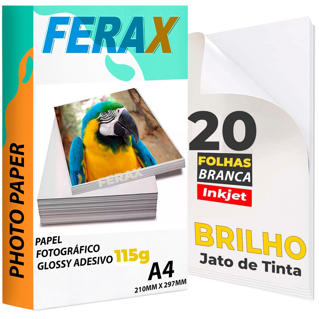 Papel Fotográfico Adesivo 115g Brilhante Glossy - 20 Folhas A4 - Impressão em impressoras Jato de Tinta - Secagem Rápida,Prova D’água, Autocolante e Alta Qualidade Premium