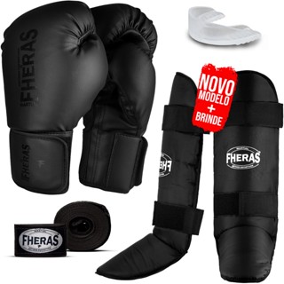 Kit Muay Thai PRO All Black 12oz Bandagem Elástica 3,5 Metros Caneleira Bucal Moldável Fheras