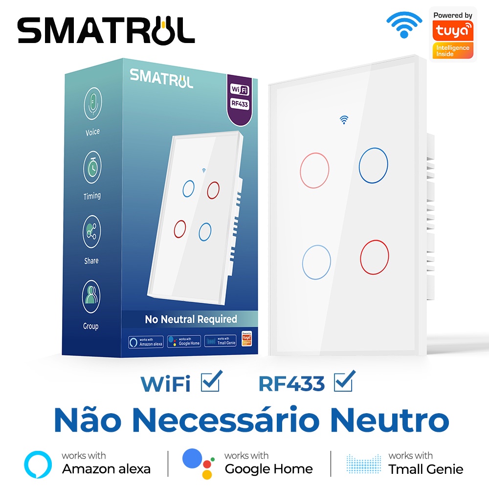 SMATRUL tuya wifi Interruptor de parede inteligente RF433MHz (sem neutralidade) 110-250V em Oferta na Shopee