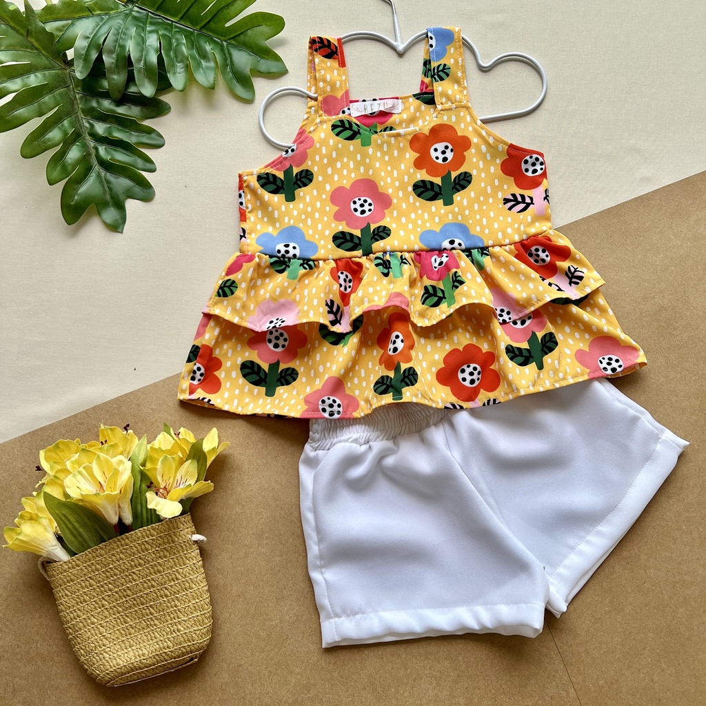 Conjunto roupa infantil feminina modinha menina estampado blusa babado e short alfaiataria - Floral
