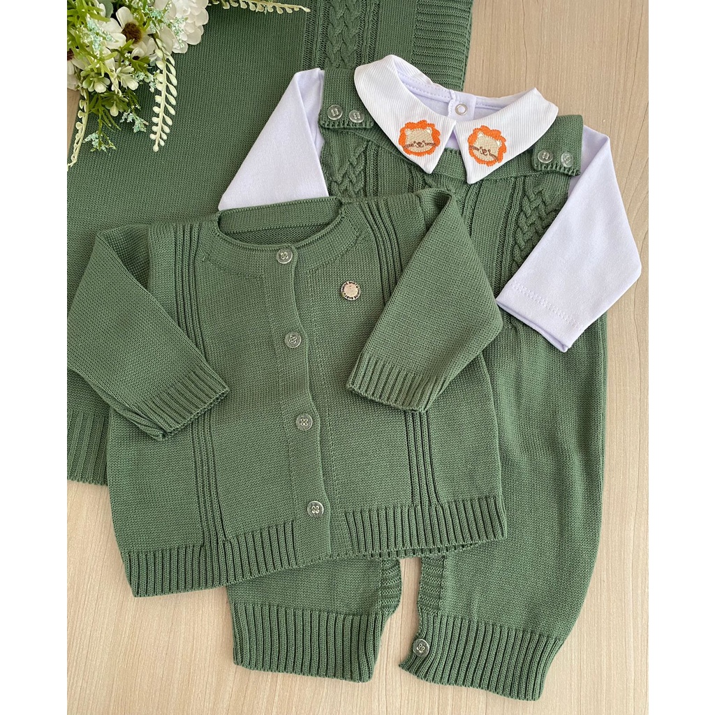 Saída de maternidade de menino verde pistache leão tricot 4 peças completa safari — imagem 2 de 2