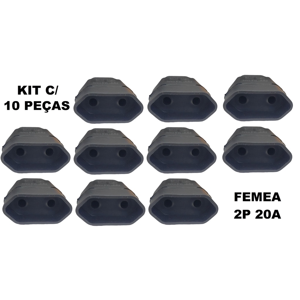 Kit c/ 10 Peças Plug Fêmea para Extensão Elétrica 2P 20A Preto Serve Pino 10A e 20A Prensa Cabo 2P 20a PT Indústria Ligação Cabo Elétrico Elétrica