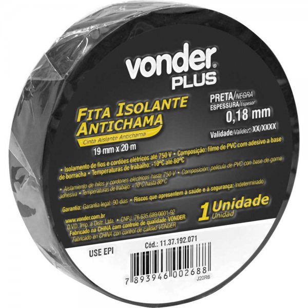 Fita Isolante Preta Antichama 19mm Vonder Classe A em Oferta na Shopee