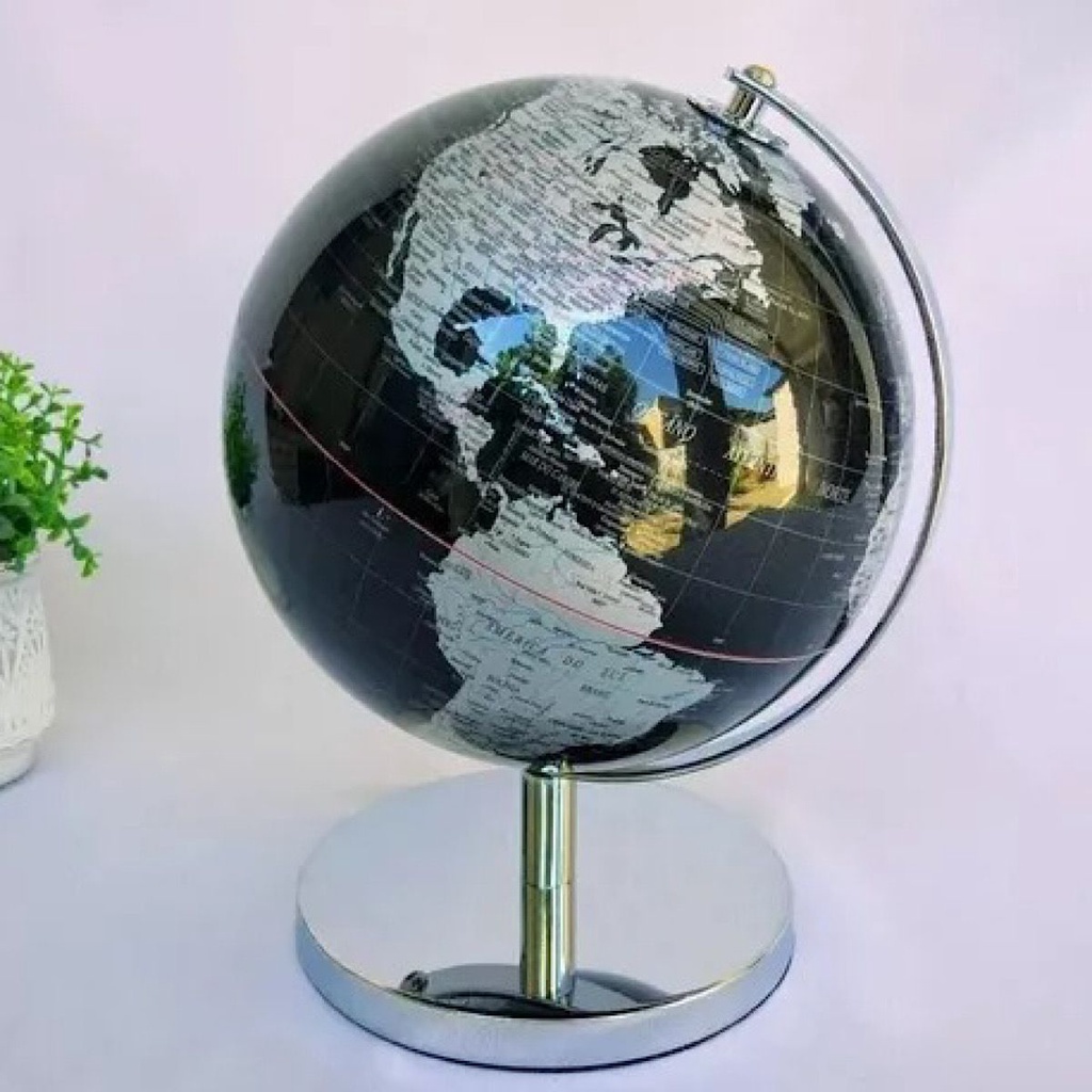 Globo Terrestre Preto Decoração Luxo Base Metal De Mesa 19cm