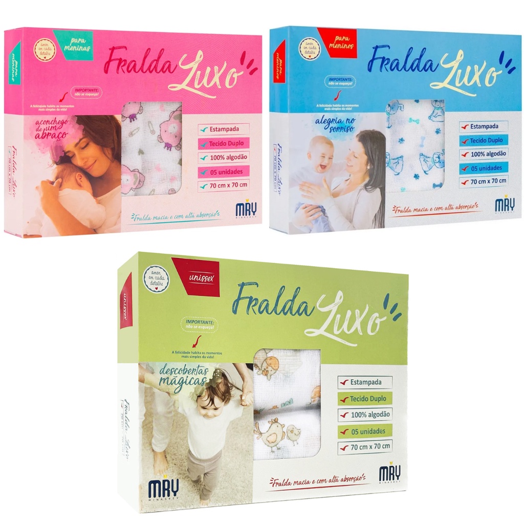Fralda de Pano Bebê Luxo Caixa C/5 Peças Tecido Duplo 100% Algodão Estampada 70x70cm Minasrey