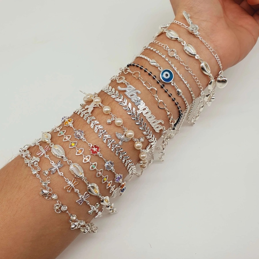 Kit 10 Pulseira Folheada Feminina Dourada Prateada Pulseiras Foleadas Bijuteria Biju