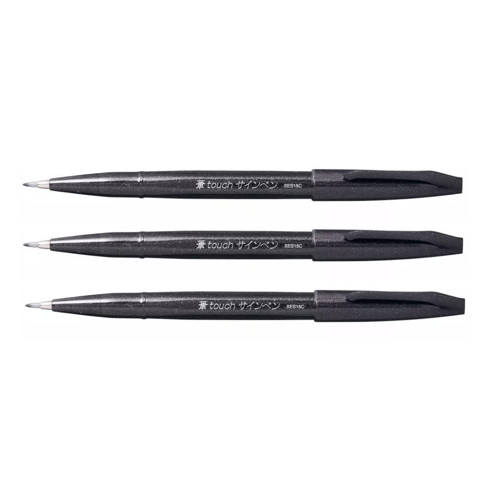 3 Unidades De Caneta Pincel Pentel Brush Sign Ses15c-a Preta