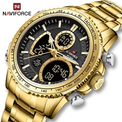 NAVIFORCE 9182 Homens Observam Relógios De Pulso Masculinos De Luxo Em Ouro De Quartzo De Aço Inoxidável De Dupla Exposição