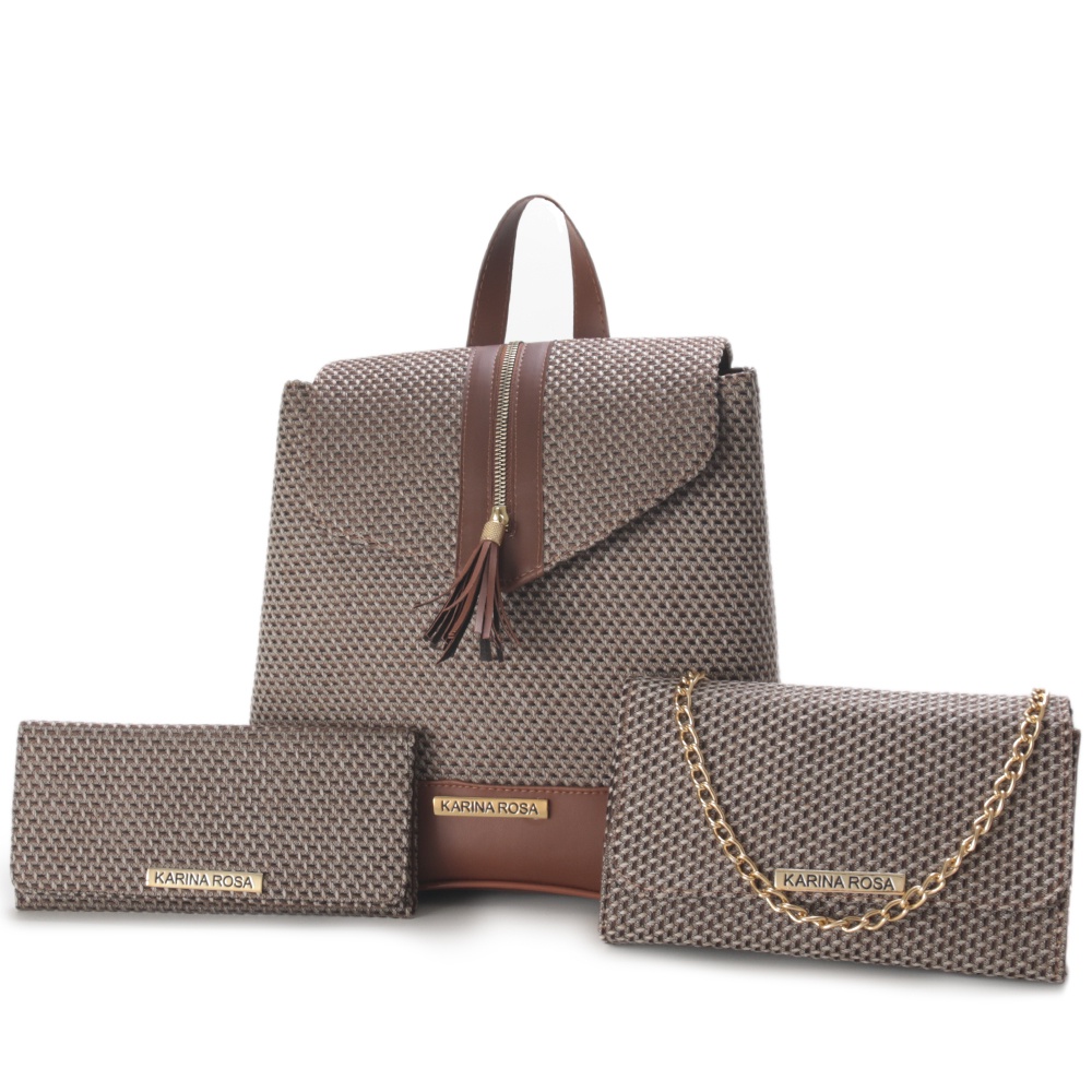 Kit Mochila Feminina + Bolsa Tiracolo Corrente Clutch + Carteira