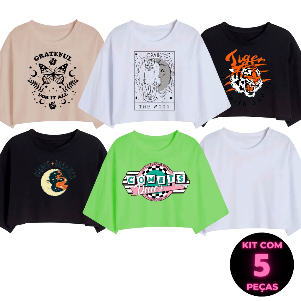 Kit 5 Camisetas Cropped Gringa Oversized Amplinha 100% Algodão