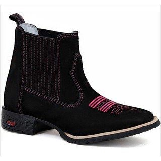 Bota Texana Feminina Cano Curto 100% Couro Botina Country Bordada Bico Quadrdao