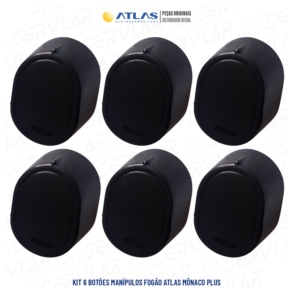 CONJ. C/ 6 BOTÕES MANÍPULOS PARA FOGÕES ATLAS MÔNACO PLUS / MÔNACO PLUS TITAN 100% ORIGINAL DE FÁBRICA