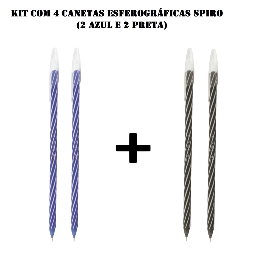 Kit 2 Canetas Esferográfica Spiro Preta + 2 Canetas Esferográfica Spiro Azul