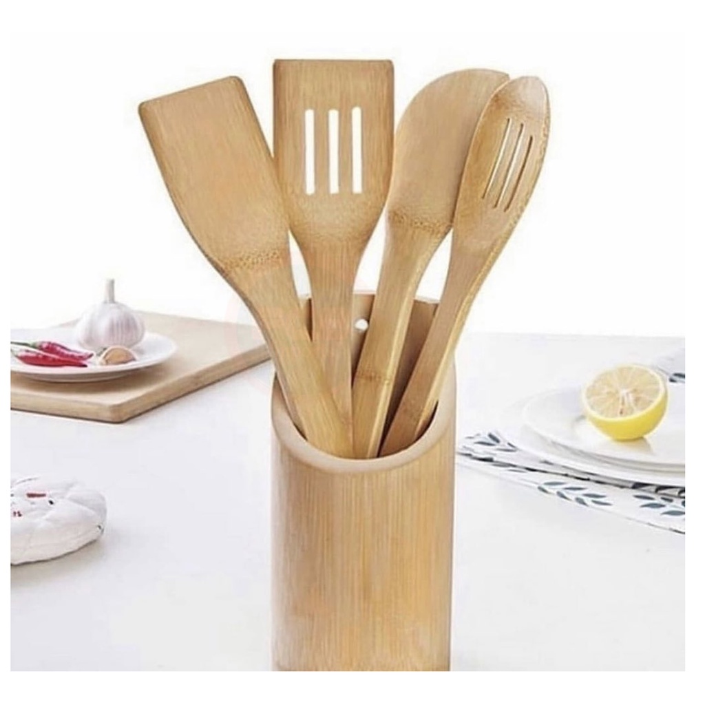 Colher De Pau Kit Cozinha Porta Utensílios Com 5 Peças Em Bambu