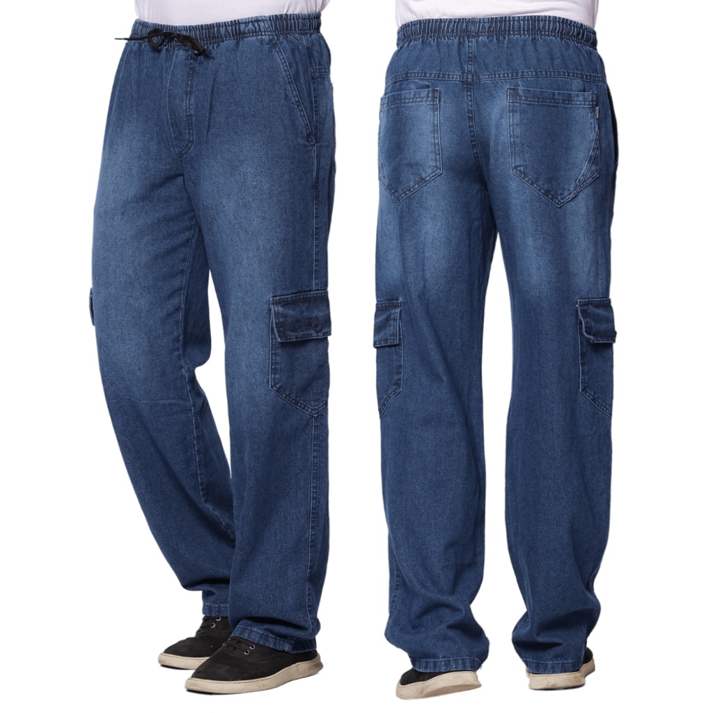 Calça Cargo Jeans Larga Masculina Skate Casual Cintura Elástico e Cordão Ajustador Confortavel