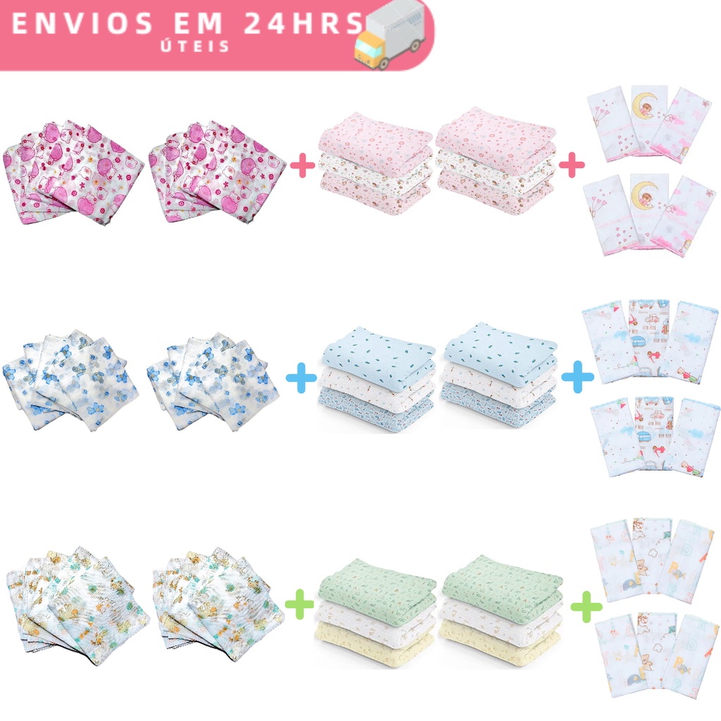Kit Enxoval Bebê 22 Peças com 10 Fraldas de Pano + 6 Cueiros Flanelados + 6 Babetes de 32cmx32cm em Oferta na Shopee