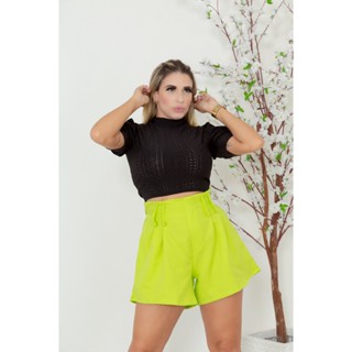 short bermuda feminino alfaitaria cintura alta com bolso